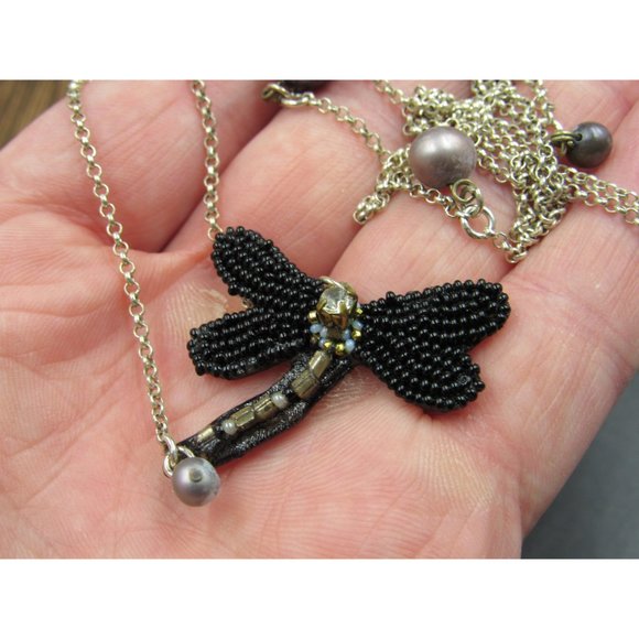 Hangs 17" Sterling Silver Handmade Dragonfly And Pearl Necklace Vintage - Picture 3 of 5